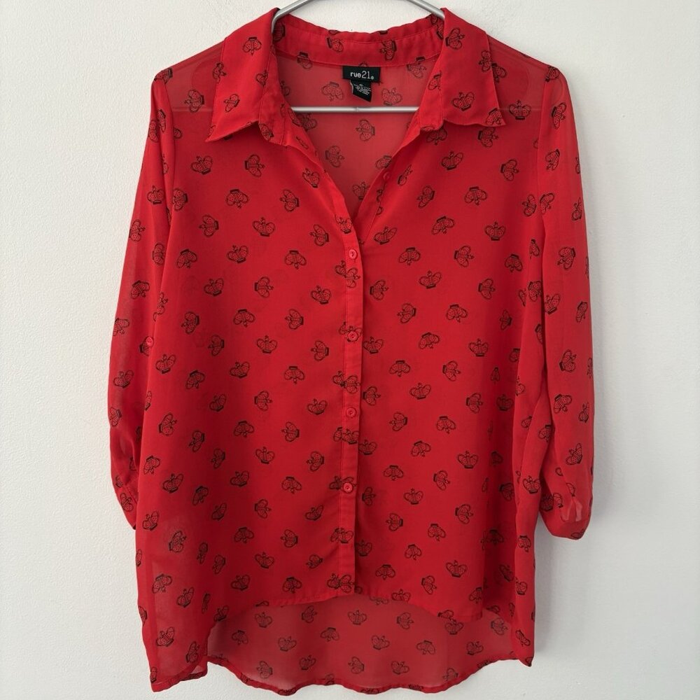 Rue 21 Women’s XL Red Sheer Top Crowns Pattern Y2K Button Up Roll Tab 3/4 Sleeve